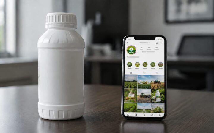 Frasco genérico de defensivo agrícola ao lado de um celular exibindo um perfil fictício do setor nas redes sociais, em ambiente corporativo.