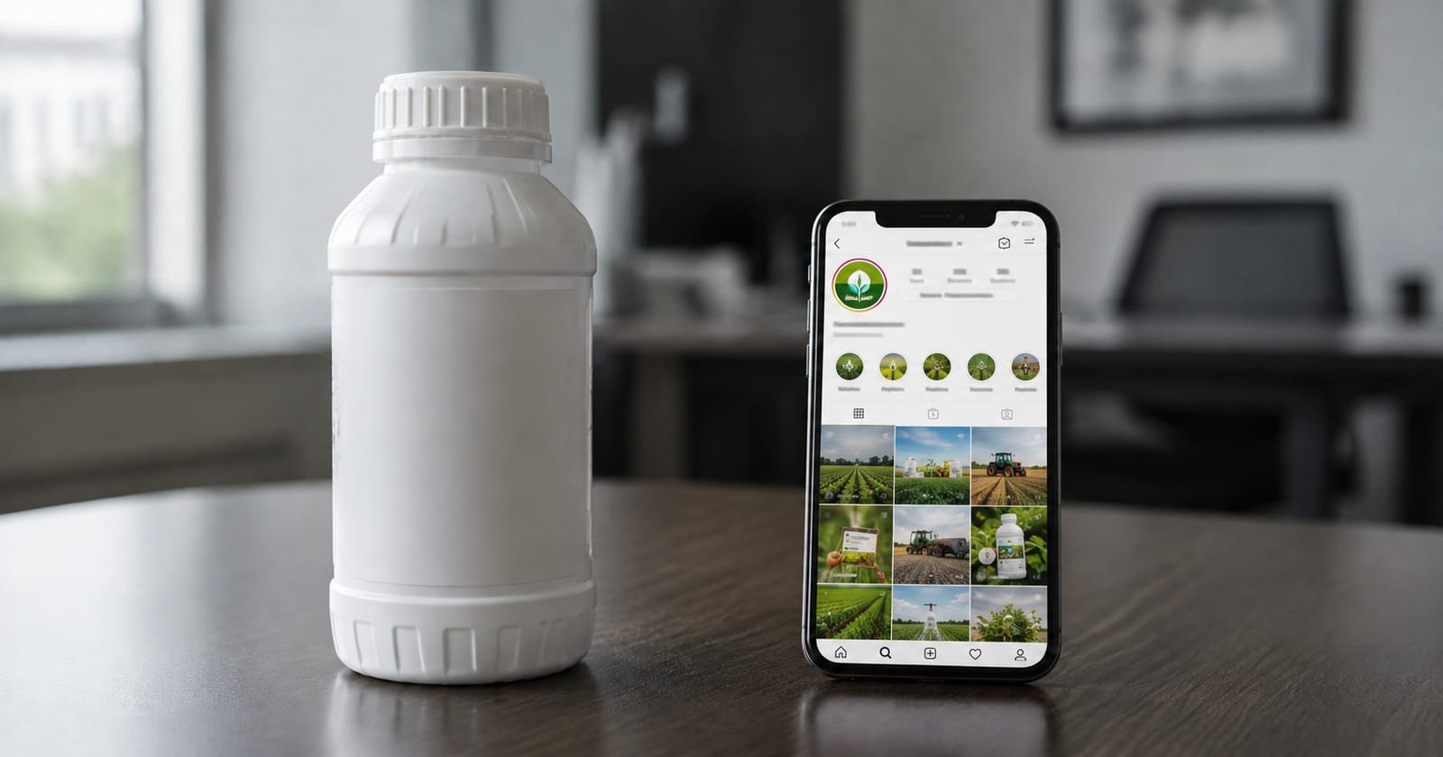 Frasco genérico de defensivo agrícola ao lado de um celular exibindo um perfil fictício do setor nas redes sociais, em ambiente corporativo.