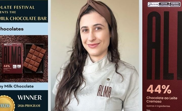 Francine Corrado, engenheira de alimentos e proprietária da ALMA Chocolates, celebra a medalha de prata na categoria chocolate ao leite do Chocolate Alliance Awards.