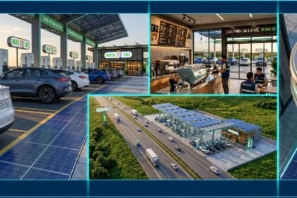 Projeção conceitual do modelo de unidade da Rota BR 101, com eletroposto, conveniência completa e cafeteria integradas e implantação à beira da rodovia.