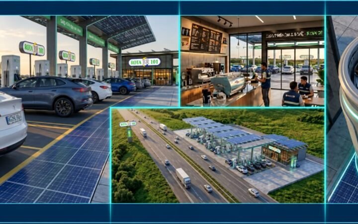 Projeção conceitual do modelo de unidade da Rota BR 101, com eletroposto, conveniência completa e cafeteria integradas e implantação à beira da rodovia.